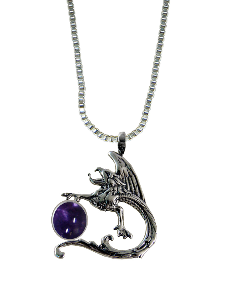 Sterling Silver Tattoo Dragon Pendant With Iolite